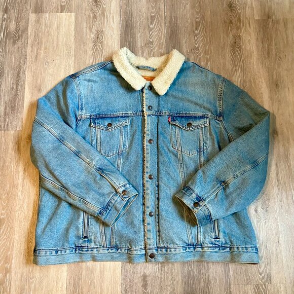 Levi's Men Sherpa Trucker Jacket Denim Light Wash Splitsville 3XL VTG Jean Fuzz - Picture 5 of 16